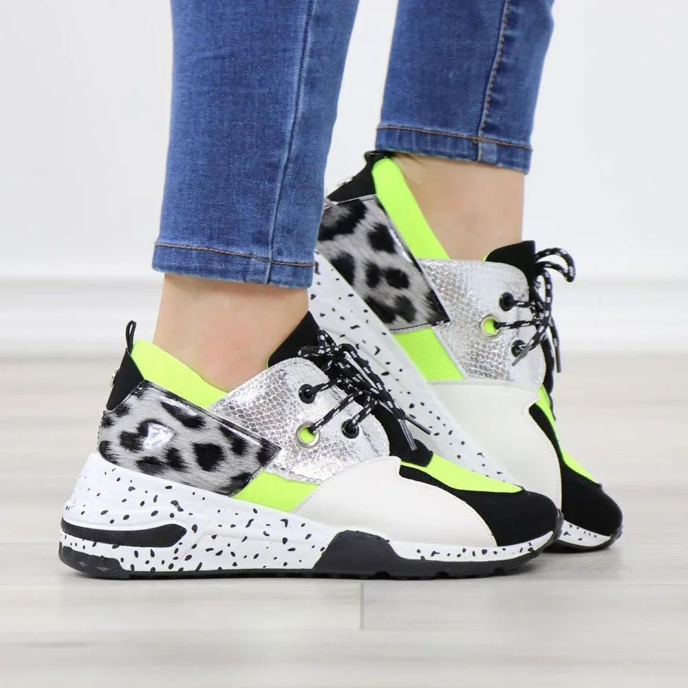 White Neon Animal Print Fashion Comfort Wedge Heel Sneakers Shoes - Picture 3 of 11